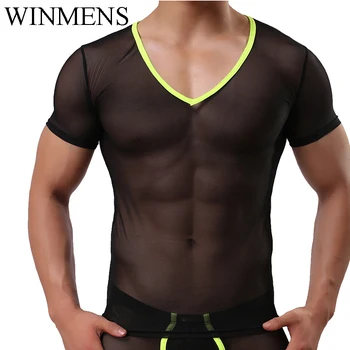 Мъжка риза от ультратонкой окото, прозрачни блузи, летни дишаща тениска за фитнес с V-образно деколте и къс ръкав, гей-секси See Inner