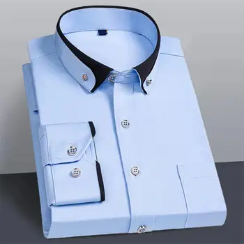 Мъжка риза с цветни блокчета, на ревера контрастен цвят, мъжки бизнес риза, мек дишащ офис топ, плюс размери, изглажда бръчките, Мъжка риза със средна дължина