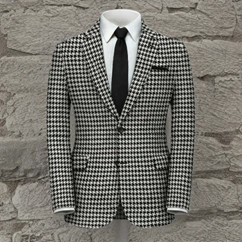 Мъжки блейзър в тънка клетка за сватбени партита, пъстро яке и лацканом и две копчета, в наличност, Стилно мъжко модно палто, 1 бр.