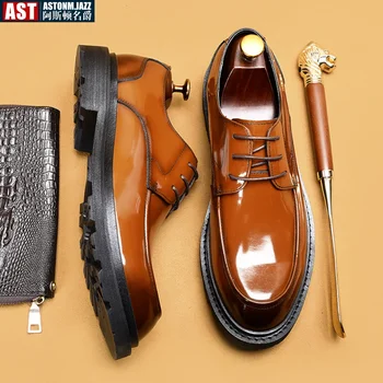 Мъжки кожени обувки Oxfords В официално британския стил, ярки дерби от лачена кожа, Ежедневни бизнес бизнес офис обувки