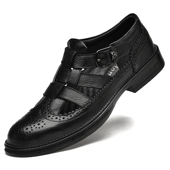 мъжки луксозни модни сандали от естествена кожа с кухи деколте, дишащи издълбани обувки с перфорации тип 