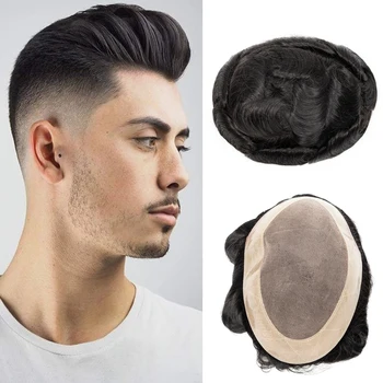 Мъжки черно-бели перуки и системи замяна на косата NPU, перука, ръчно изработени от естествена човешка коса Remy 6 инча, перука от индийски коси за мъже