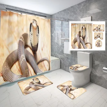 Набор от завеса за душ със змия на дивата природа, Кобра, Реалистично изображение, 4 бр., Завеса за душ, Нескользящий подложка за баня, Капак на тоалетната чиния