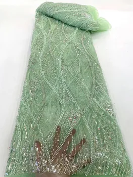 Нигерийски Синьо-зелено Луксозно Сетчатое дантели, с пайети 2022 г., висококачествен Африкански тюл, расшитый мъниста, Френска плат за сватбена рокля за бала