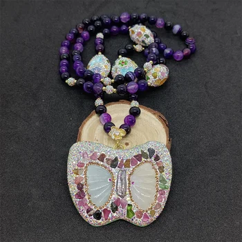 Нов медальон с нефритовой Колие пеперуда от лилаво Агата Дамска мода Индивидуалност Луксозен Женски пуловер Верига Изискани бижута