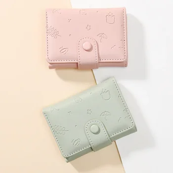 Нов мил женски портфейл от изкуствена кожа Ins с кратки анимационни принтом, чист цвят, малка прясна чанта за карти, мултифункционален трикуспидалната портфейл