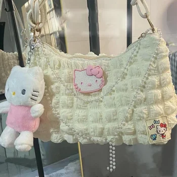 Нова кавайная чанта през рамо Hello Kitty, чанта през рамо с участието на подмишниците, чанта за веригата от дивия перли, висококачествени чанти от сърце за момичета, портфейл