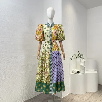 Нова колекция от 2024 г., на Пролетния цветен принт, Ламинирано Мозайка женски ежедневното рокля Миди с къси пухкави ръкави
