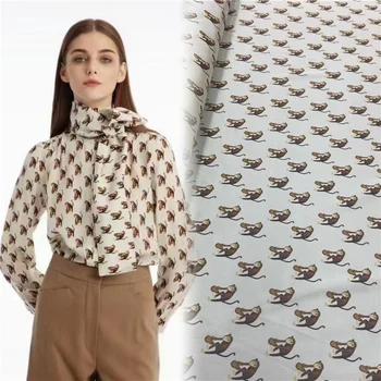 Нова скъпа обезьянка с цифрово принтом, Еластична коприна сатен е тъкан, висококачествена коприна рокля-риза Рокли, дизайнерски плат в стил мозайка