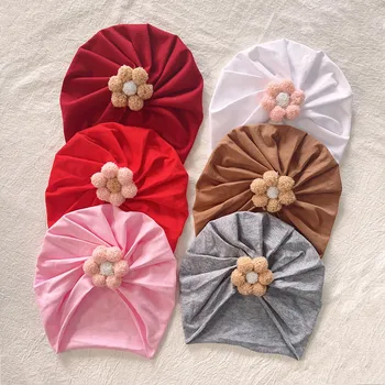Новата пролетно памучен шапка за малки момичета, аксесоари за коса, Малко цвете, шапчица за новородено, Чепчик, сладки бебешки шапки 0-2 години