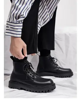 Нови мъжки ежедневни кожени обувки Есен-зима, водоустойчиви работни обувки дантела с високо берцем на дебела подметка, безплатна доставка, черни ботильоны