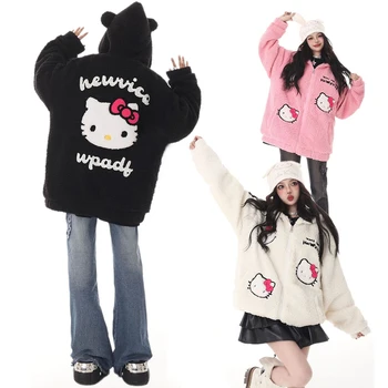 Ново Плюшевое Палто на Hello Kitty С Шарени Сладки Момичета Карикатура, Есенно-Зимна Топла Памучен Яке С Шарките на Аниме, Универсална Яке С Бродерия
