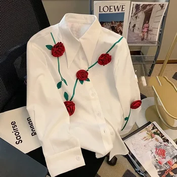 Новост пролетта и есента 2023 г., модерен темперамент, Романтична триизмерна роза, мъжки ежедневни риза свободен дизайн, нишевая риза