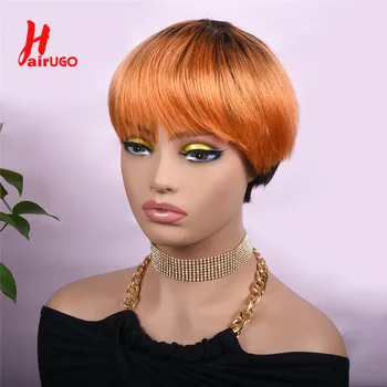 Оранжеви перуки с ефект омбре Pixie Cut T1B / ОРАНЖЕВИ пряка човешка коса Pixie Cut Перуки 180% Оранжеви Напълно машинни перуки, изработени от човешка коса Hairugo