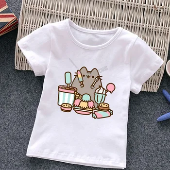 Памучен тениска Pusheen, летни дрехи за момчета и момичета с хубави котка, детски тениски с анимационни герои и аниме, детски тениски с писмото принтом, блузи с къс ръкав