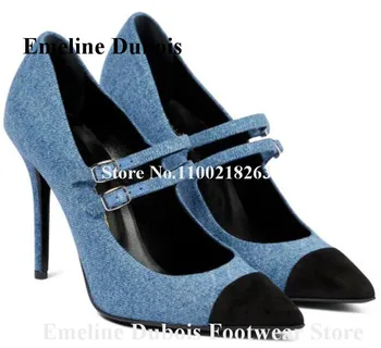 Пикантни сини дънкови обувки-лодка Emeline Dubois, черни модела обувки с остри пръсти в стил мозайка на висок ток с каишка на щиколотке, големи размери, високи токчета