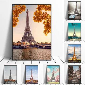 Плакат Four Seasons с участието на Айфеловата кула в Париж, известният френски пейзаж, картина върху платно, стенни щампи, начало декор за хола