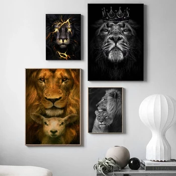 Портретна плакати и щампи с Лъв и овца Съвременното абстрактно изкуство Платно Картина Цар на животните Стенно художествено изображение Декорация на дома