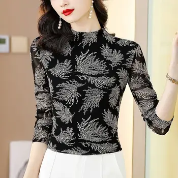 Пролет-есен 2023, Дамски модни риза с приталенным дъното, мрежести дамски блузи с дълъг ръкав, дамски блузи с принтом с полувысоким яка, G478