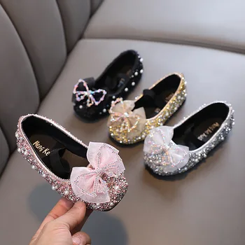 Пролетни Детски обувки на Принцесата свързани с лък, Кожени обувки с цветни пайети За момичета, Новите Детски Сватбени обувки с мека подметка