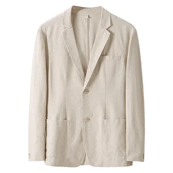 Пролетно-есенен хлопчатобумажный ленено сако, малък костюм, мъжки бизнес всекидневен костюм, модерен универсален блейзър от лен тъкани Единични яке