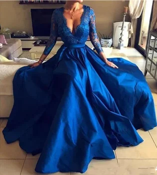 Прости абитуриентски рокли кралския син цвят с дълбоко V-образно деколте, кружевными апликации, сатенени цепки от двете страни, дълъг ръкав, с влак, място за вечерни рокли в голям размер за бала