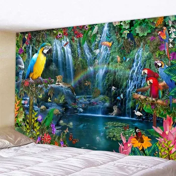 Птици пеят в джунглата Цветен гоблен в стил ар-деко кошмарен сцена на стената на Бохемската козметична стая спалня начало декор