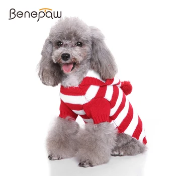 Пуловер за кучета Benepaw в червено-бяла ивица, Модерен скъпа Мека Удобно облекло за домашни любимци с качулка, пуловер, Празнична Коледна облекло за кутрета