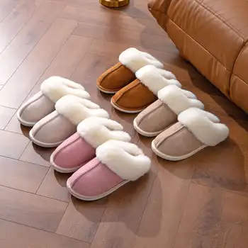 Пухкави домашни чехли, дамски зимни дизайнерски обувки 2023 г., женски балет апартаменти, ежедневни топли плюшени домашни кожа пързалки, обувки за двойки в голям размер