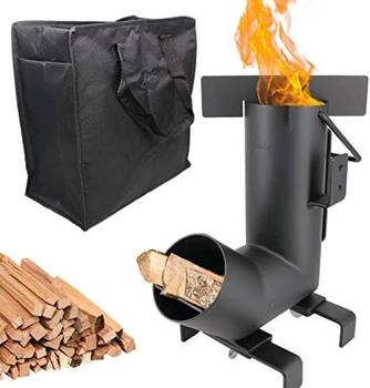 Ракета печка с безплатна чанта за пренасяне - преносим дърво туризъм печка с голяма горивна камера, идеална за приготвяне на храна на открито
