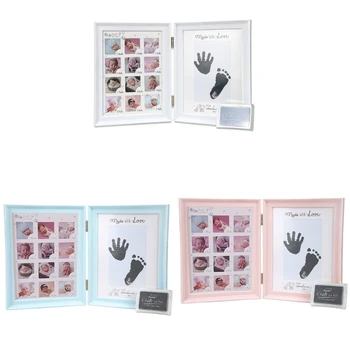 Рамка за снимки на бебето F62D фото рамка с отпечатък от ръка на Новороденото Сгъваема Рамка трета пола Неутрално Декор на масата