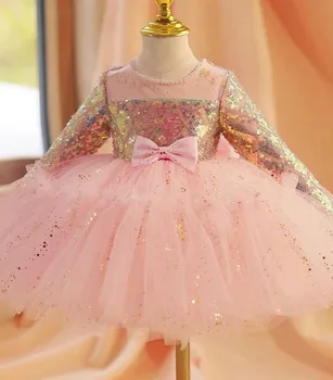 Рокли с пайети от розов тюл за момичета в едно цвете, блестяща рокля за момичета, празнична рокля на принцеса елегантна рокля за момичета за рожден ден, рокля-пакет за деца