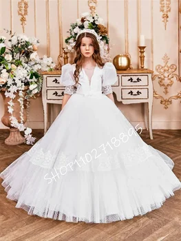 Рокля с цветя модел за момичета, Бяло пищни сватбена рокля с аппликацией от пластове тюл с V-образно деколте, Елегантен детско празнична рокля на цветчета за евхаристията за рожден ден