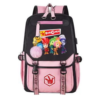 Руски аниме Фиксики раница Карикатура Момче Момиче училищна чанта от висок клас Детски училищен раница USB Зареждане на тийнейджърката пътна чанта за лаптоп