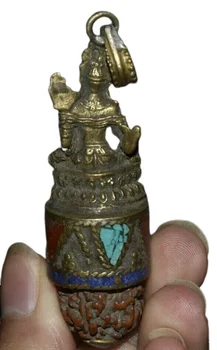 Рядка Стара Тибетски Месинг орех Будизма Зелен Медальон-Амулет на Богинята Тара