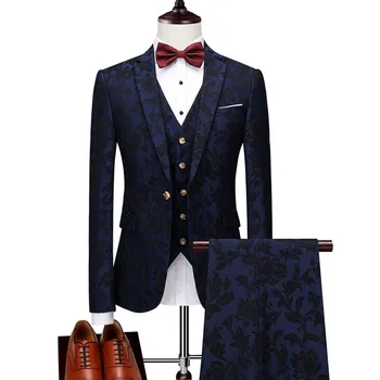 Сако, панталон, жилетка, луксозен жаккардовый жаккардовый банкетна бутик в британския стил, луксозен сватбен костюм за младоженеца, комплект от три елемента