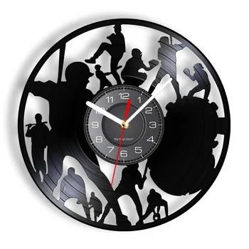 Силуети бейсболистов Vinyl плоча Стенни часовници за всекидневна Спортен Начало декор Музикален албум Стенни часовници Подарък фен на бейзбола