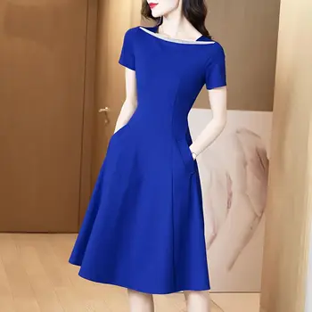 Синя рокля с открити рамене 2023, лятно Ново модно рокля със средна дължина, лятна рокля за жените