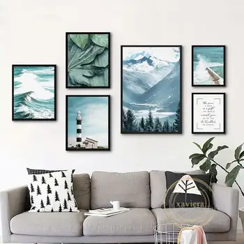 Скандинавски природен пейзаж, картина върху платно, Скандинавски гори, планини, вълна, лист фара, плакат, картина в стил арт деко за хол