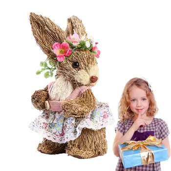 Статуетка на Великденския заек, прекрасна Сламена фигурка зайче Великден, е естествен декор за градината, за дома, еко-приятелски Уникална украса на градината