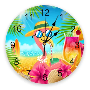 Стенен часовник с тропически листа Фламинго, Плажни часовници, Безшумен начало декор за кафе-сладкарница, офис, часовници за кухня, стенен часовник, големи стенни часовници 25 см