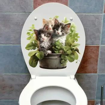 Стикер на тоалетна Елегантен стикер на капака на тоалетната чиния с шарките на зелени растения и котката Очарователен стикер на стената за декорация на банята на дома