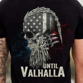 Тениска Until Валхала Stars and Stripes Viking'er с черепа на воин, 100% памук, ежедневна мъжка тениска с кръгло деколте и къс ръкав, размер S-3XL