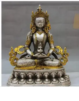 Тибет Бял мед, Сребро Статуя на будизма Буда Дълголетие Амитаюс Бодхисатва украса бронз фабрика контакти
