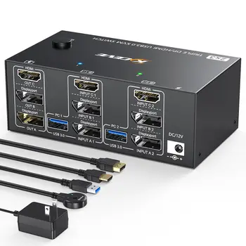 Тройна монитор KVM Switch 2 Displayport +, HDMI, USB 3.0 KVM 8K при 60 Hz, 4K при 144 Hz 3 монитора и 2 Компютъра на KVM с 4 порта USB 3.0