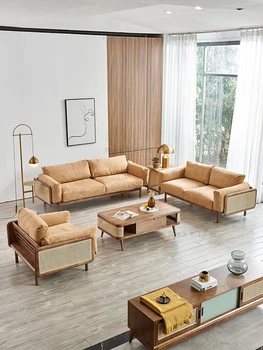 Тъкане от ратан, съчетание на мека мебел от масивна дървесина е в скандинавски стил, филтър за всекидневната, къща за почивка, единично комбинация, нов китайски двойна