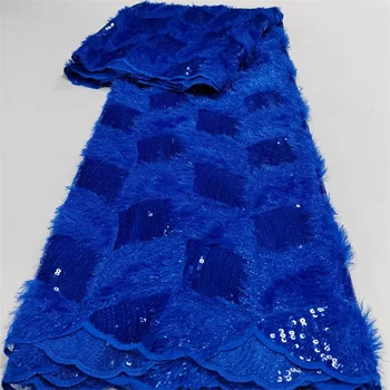 Френска кадифе лейси плат за шивашки женски вечерни рокли, африканска мрежа с бродерия от пухкави пера, сетчатое дантела Royal Blue, новост 2024 г.