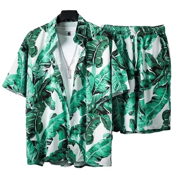 Хавайски мъжки комплекти С ревера и 3D принтом листа Ежедневни риза с къс ръкав Плажни шорти Оверсайз 2 бр. комплект Хавайски мъжки костюми за почивка