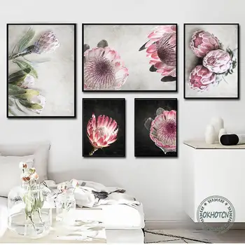 Цветни плакати и щампи King Protea в скандинавски стил, монтиране на изкуството, платно, боядисване с прозрачни розови за хол