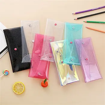 Цветни чанти за моливи от PVC, блестящ Кавайный стационарен органайзер за студенти, Преносим дръжка, джоб за моливи, Детски ученически пособия